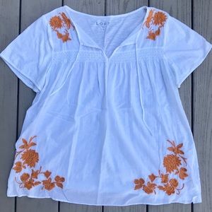 Loft White Billowed Top with Yellow Floral Print